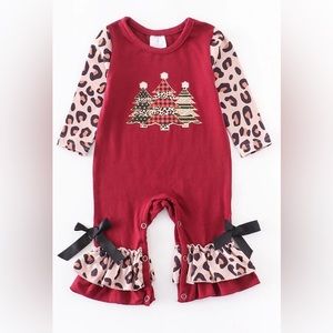 Maroon Leopard Christmas Tree Baby Ruffle Romper